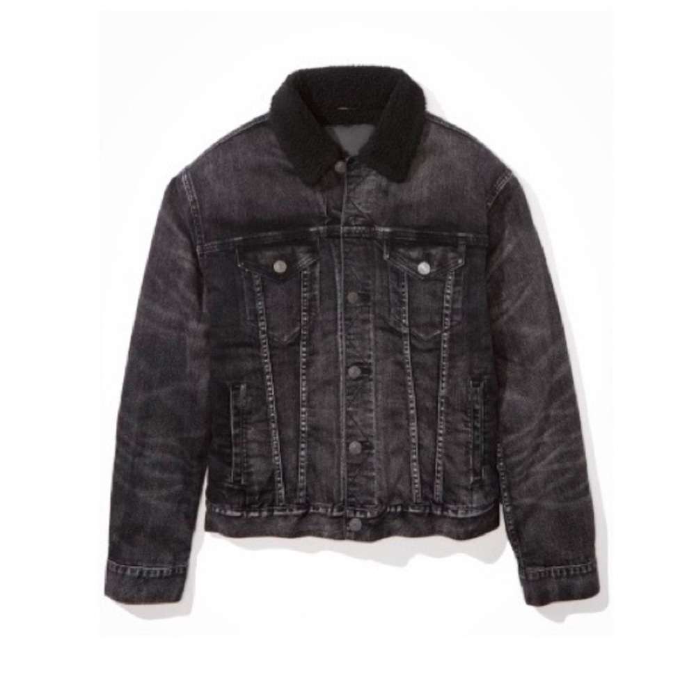 AEO 🦅 Black Sherpa Lined Denim Jacket - Picture 3 of 16